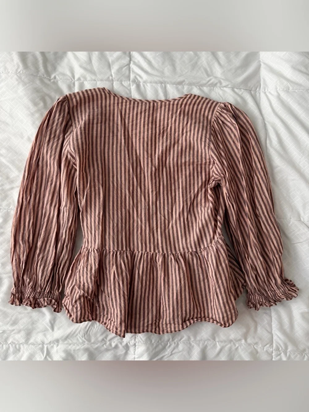 Madewell Puff Sleeve Peplum Wrap Top S Pink Stripes Cotton Preppy Peasant Boho
